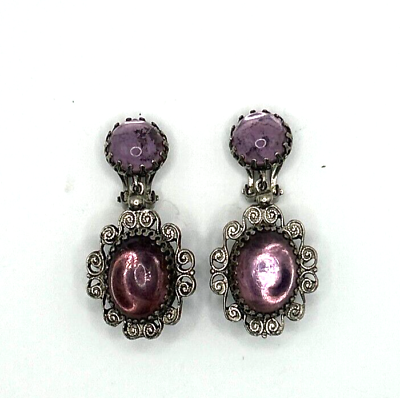 #ad Vintage Double Sided Purple Foiled Glass Cab Dangle Earrings JCS $24.99