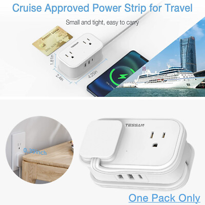 #ad Portable Travel Power Strip 3 ft Cord Ultra Thin Flat Plug with 3 USB 4 Outlet $18.99