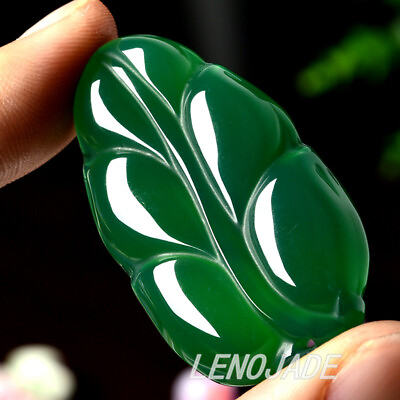 #ad Larger Beautiful Icy Translucent Emerald Green JADE Hand carved Leaf Pendant $22.50