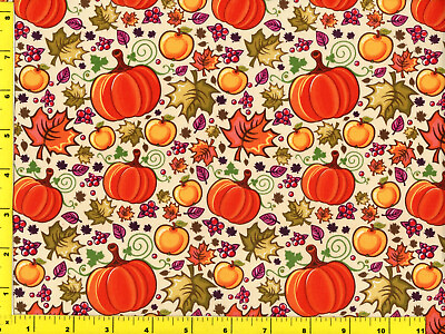 #ad Pumpkins Apples Fall Leaves Berries on White Quilting Sewing Fabric by Yard #865 $5.95
