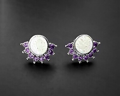 #ad Silver Simulated Opal White Purple Party Cute Fun Creative Small Stud Earrings $8.55