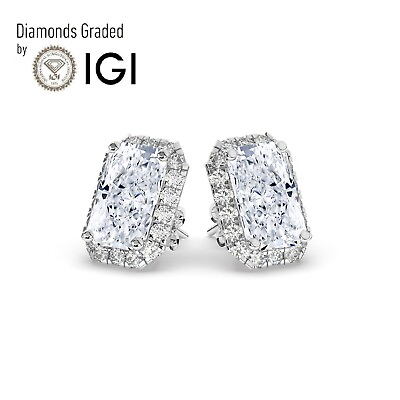 #ad Radiant 6ct Solitaire Halo 18K White Gold Studs Earrings Lab grown IGI $4550.50